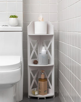 JJINXIAMU corner shelf stand in white adds compact bathroom storage.