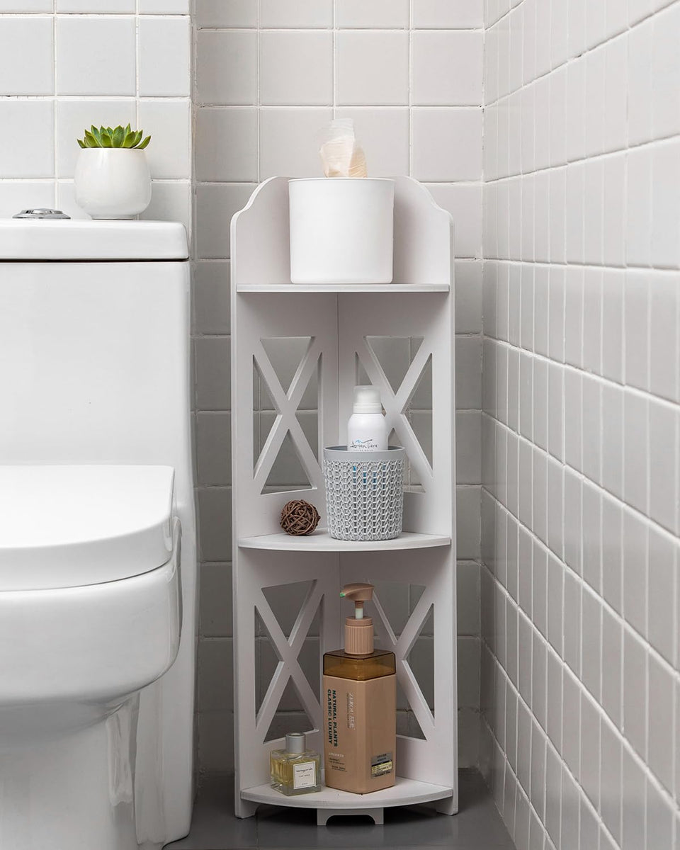 JJINXIAMU corner shelf stand in white adds compact bathroom storage.