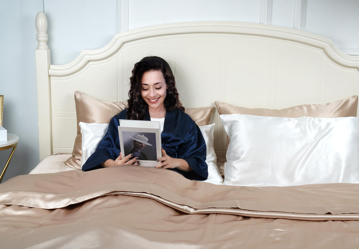 J JIMOO pillowcase on bed display for luxurious sleep setup.