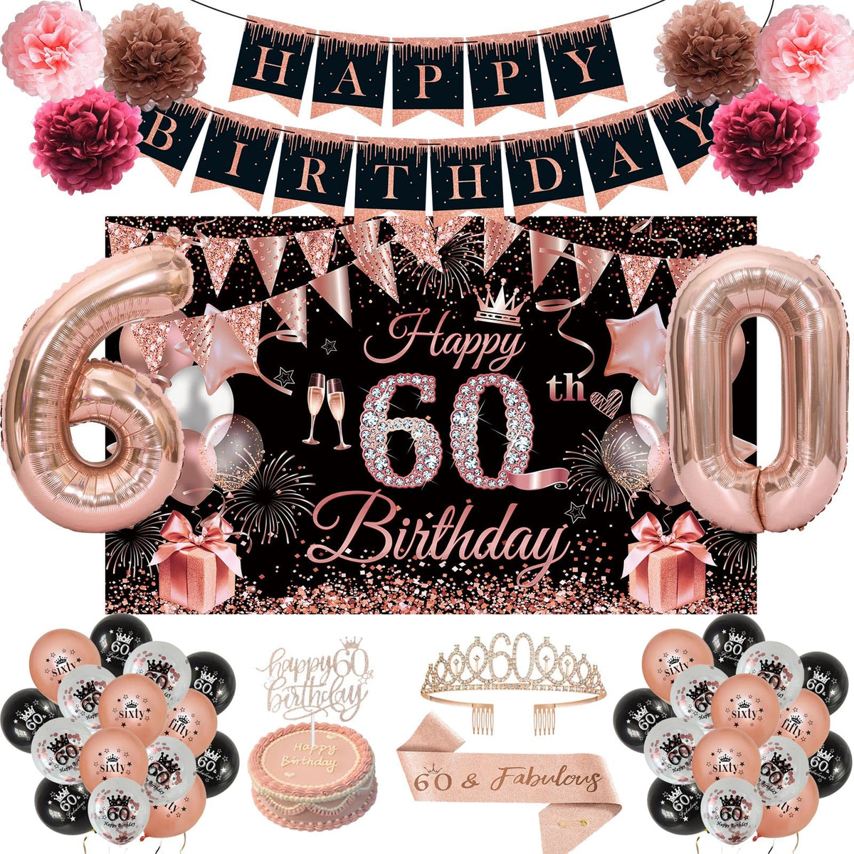 JKIYT 60th banner in rose gold and black for elegant party décor.
