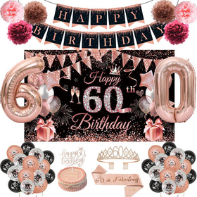 JKIYT 60th banner in rose gold and black for elegant party décor.