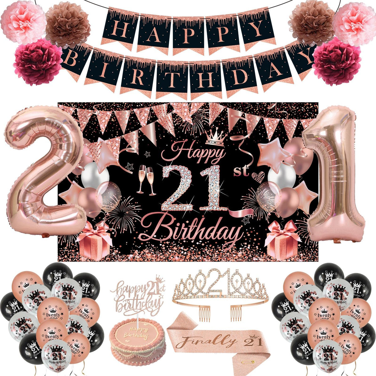 JKIYT rose gold 21st birthday banner for elegant photo moments
