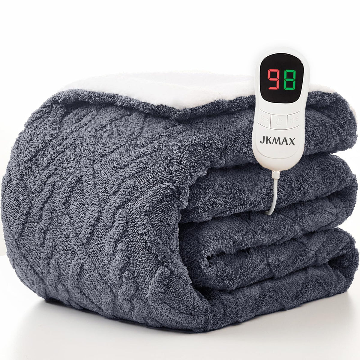JKMAX heated blanket full size on bed offers luxurious warmth for chilly nights.