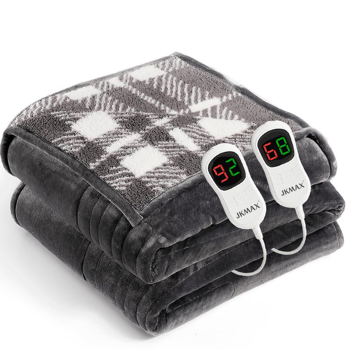 JKMAX heated blanket queen size 84x90 on bed for cozy warmth