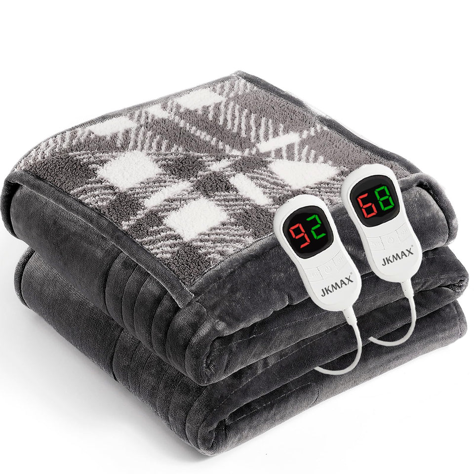 JKMAX heated blanket queen size 84x90 on bed for cozy warmth