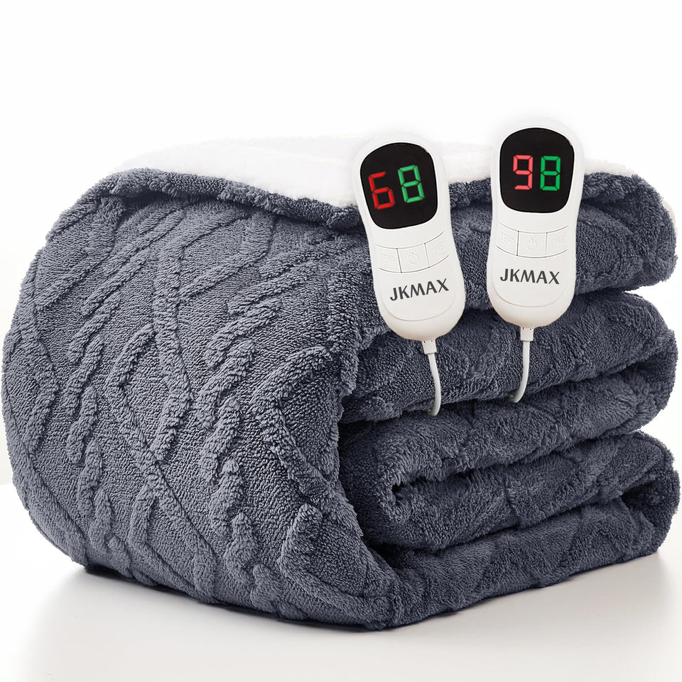 JKMAX heated blanket queen size with soft sherpa texture for cozy warmth