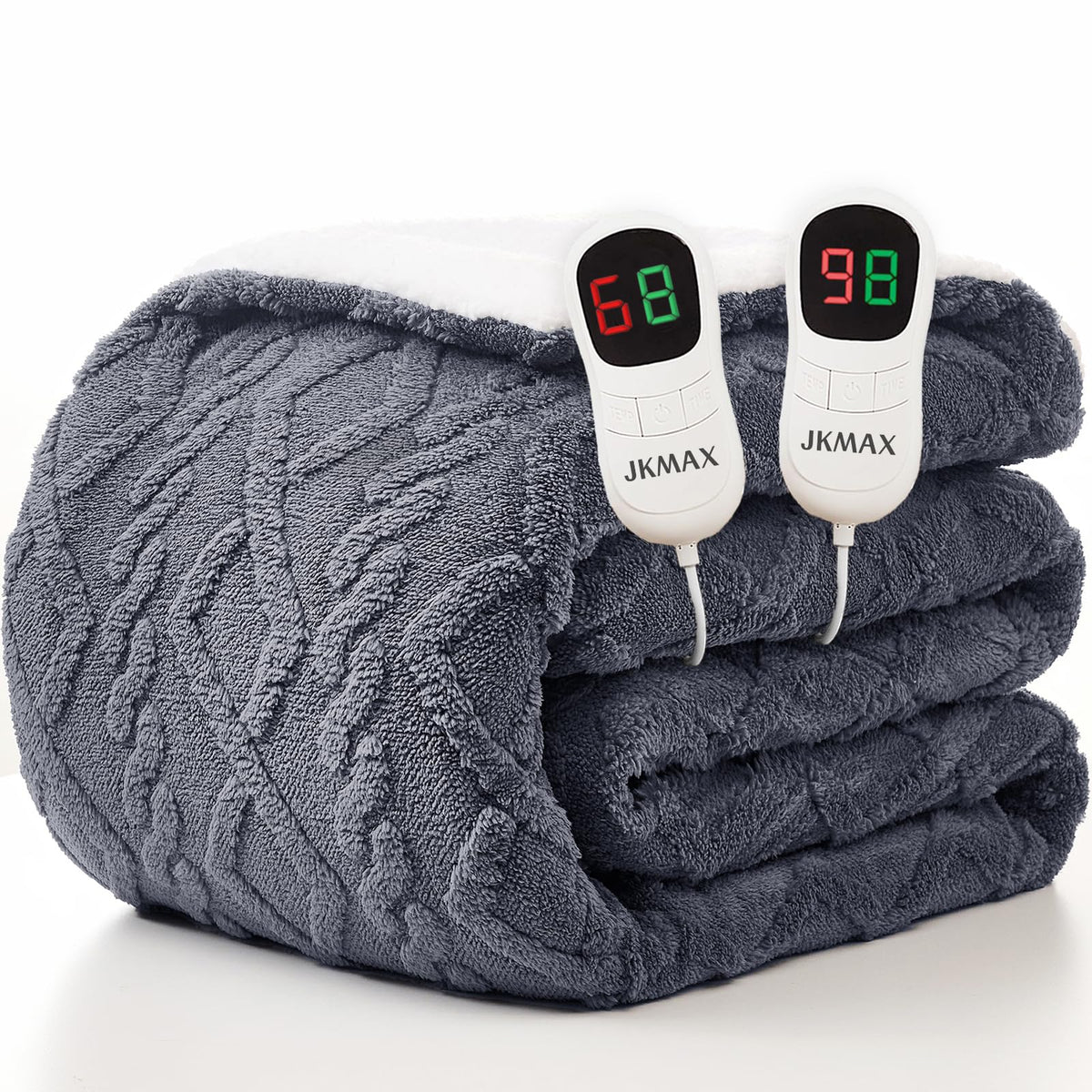 JKMAX heated blanket queen size with soft sherpa texture for cozy warmth