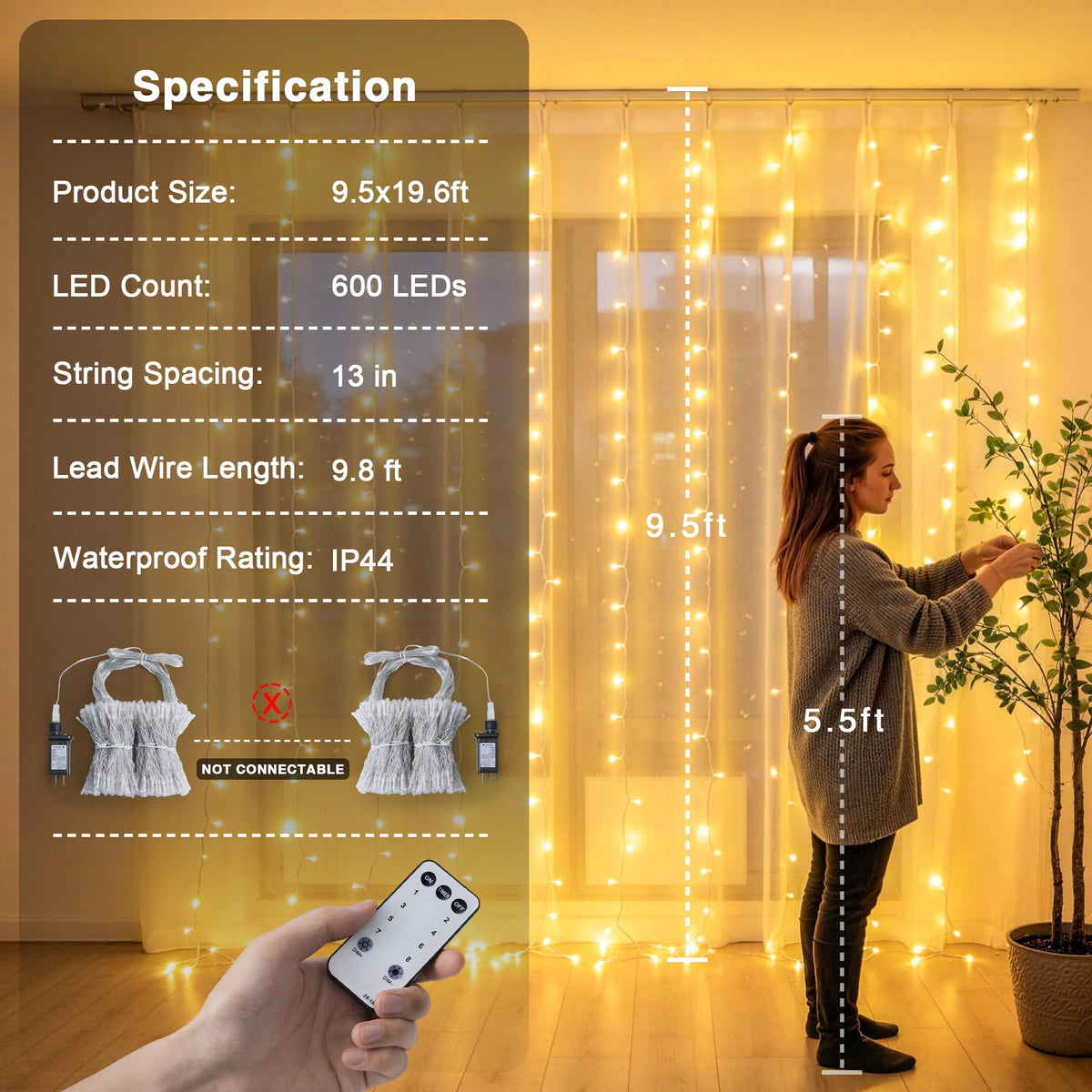 JMEXSUSS 600 LED curtain lights install quickly with ties for a fuller twinkle.