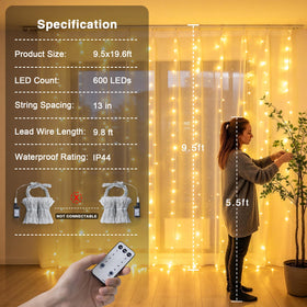 JMEXSUSS 600 LED curtain lights install quickly with ties for a fuller twinkle.