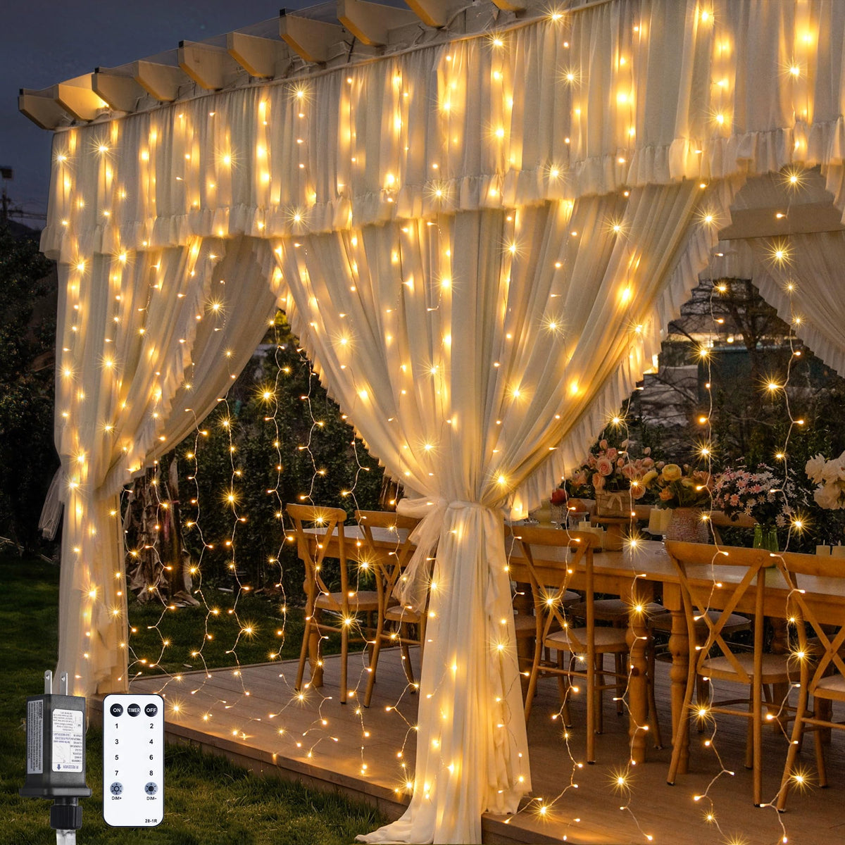 JMEXSUSS 600 LED curtain lights illuminate large windows with a warm, inviting glow for backdrop decor.
