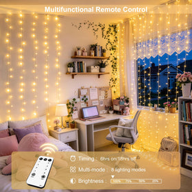 JMEXSUSS 600 LED curtain lights include a remote for easy mode changes from across the room.