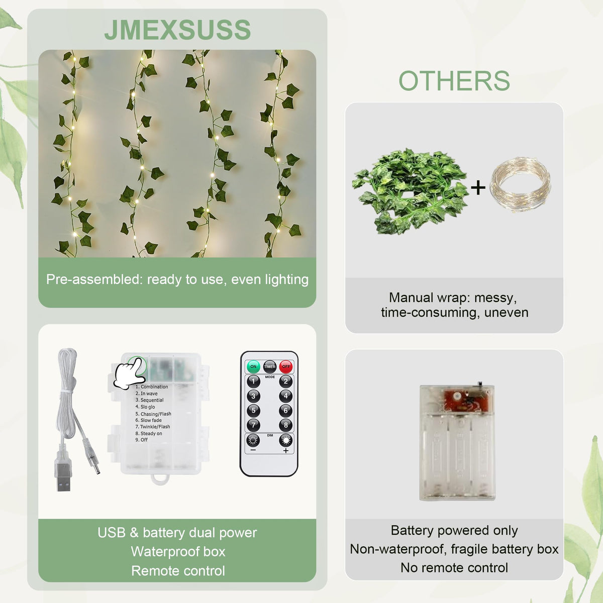 JMEXSUSS lifelike ivy leaves with bendable fairy lights for easy shaping