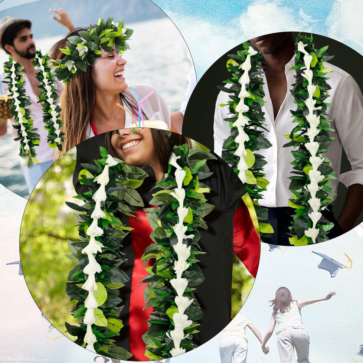 JMUQ Hawaiian Maile leis full-length on model demonstrates comfortable, all-day wear.