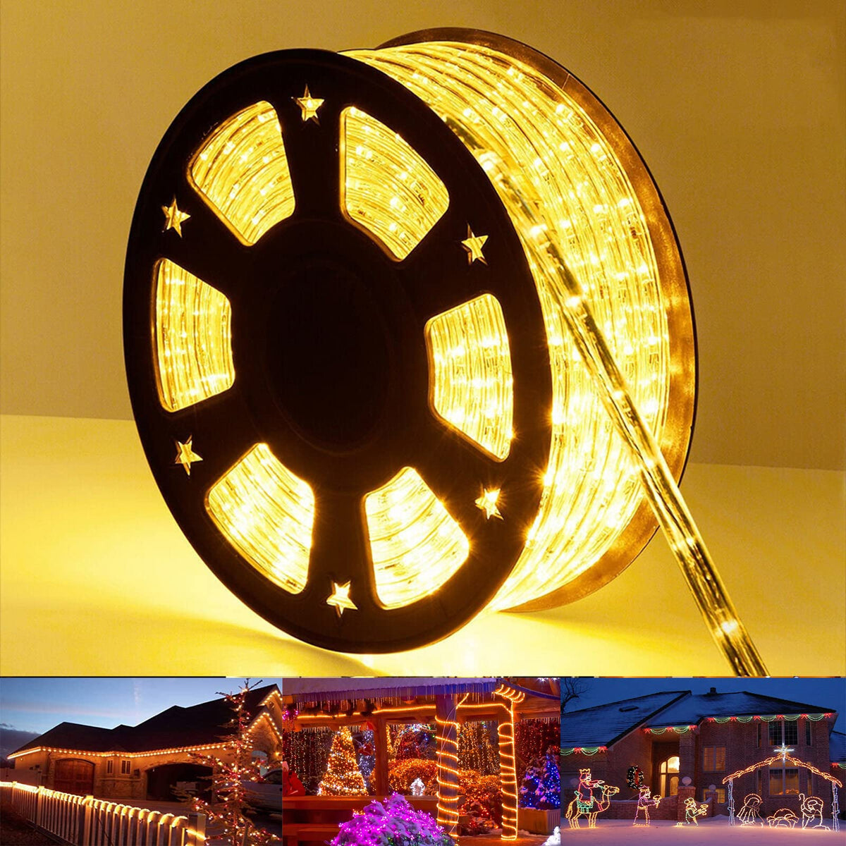 Jnaurb 50ft 360 LED rope light along deck for warm outdoor ambience.