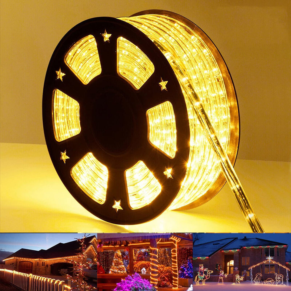 Jnaurb 50ft 360 LED rope light along deck for warm outdoor ambience.