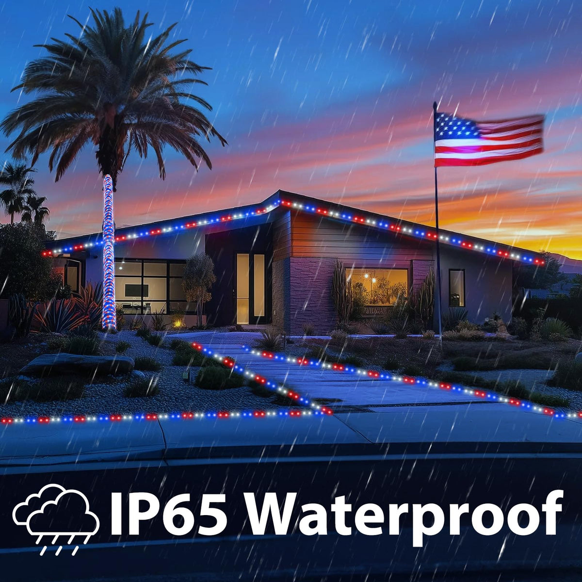 Jnaurb rope lights around a pool deck creating warm ambience