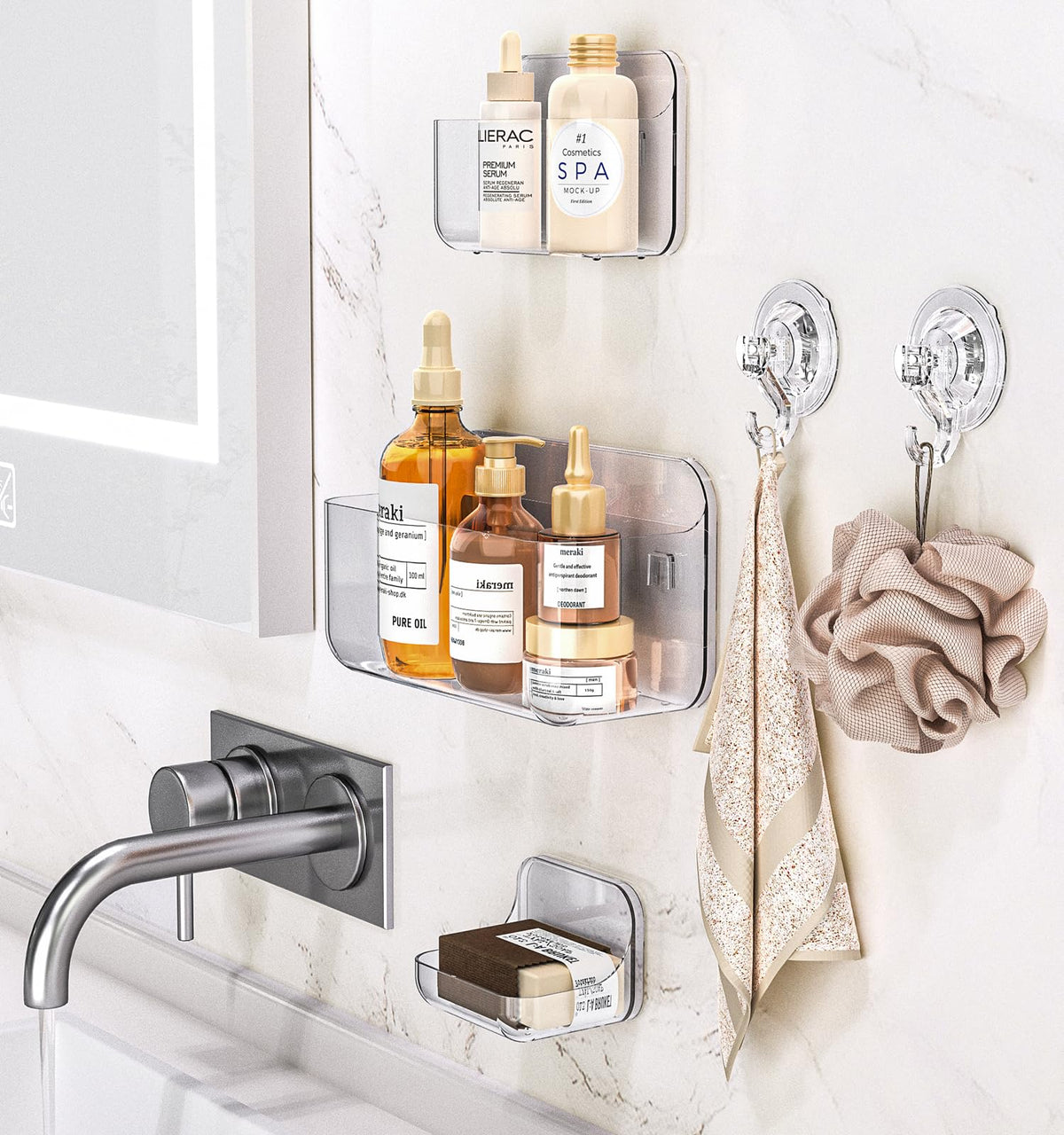 JNDETOP clear caddies mounted with non-marking adhesive on smooth wall.