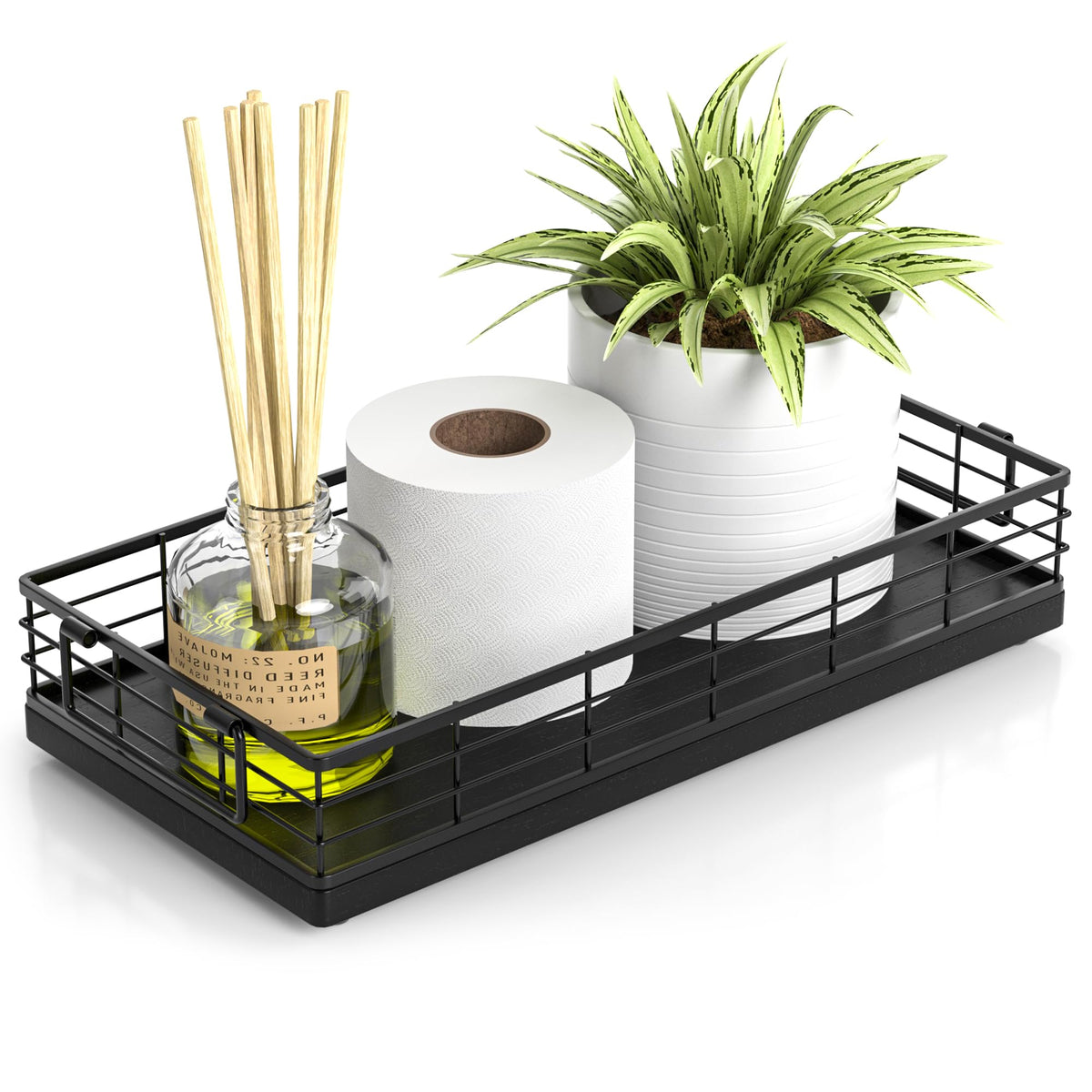 JNFUZ toilet tank basket with oak and iron on the toilet top for organized storage.
