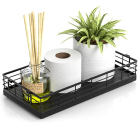 JNFUZ toilet tank basket with oak and iron on the toilet top for organized storage.