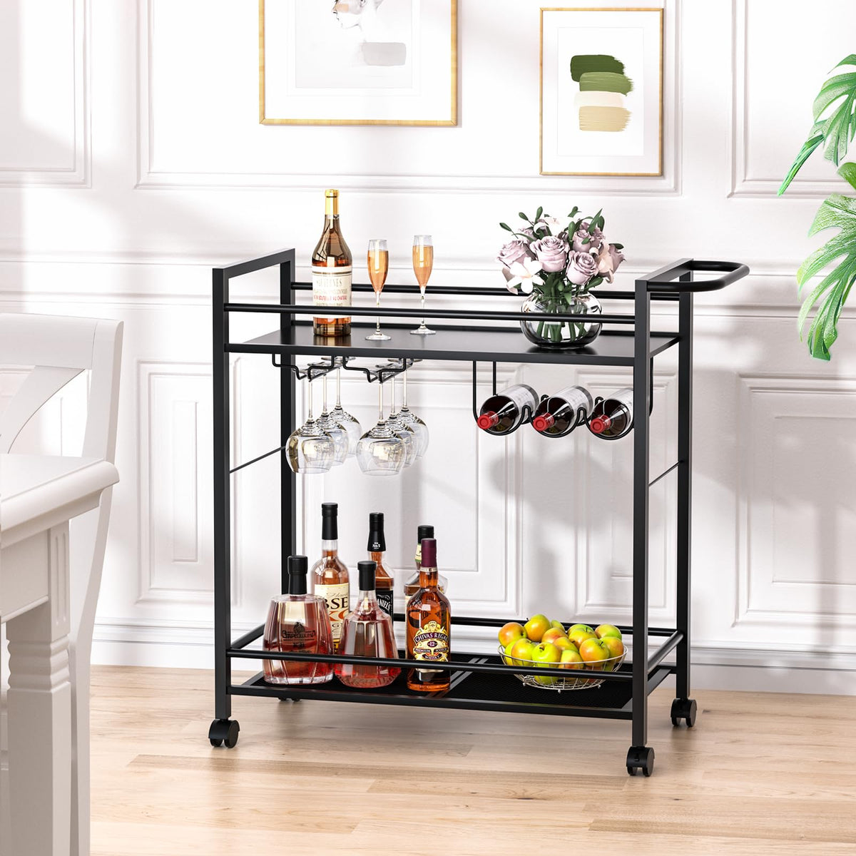 Rolling 360-degree wheels on the Joaxswe bar cart allow easy repositioning.