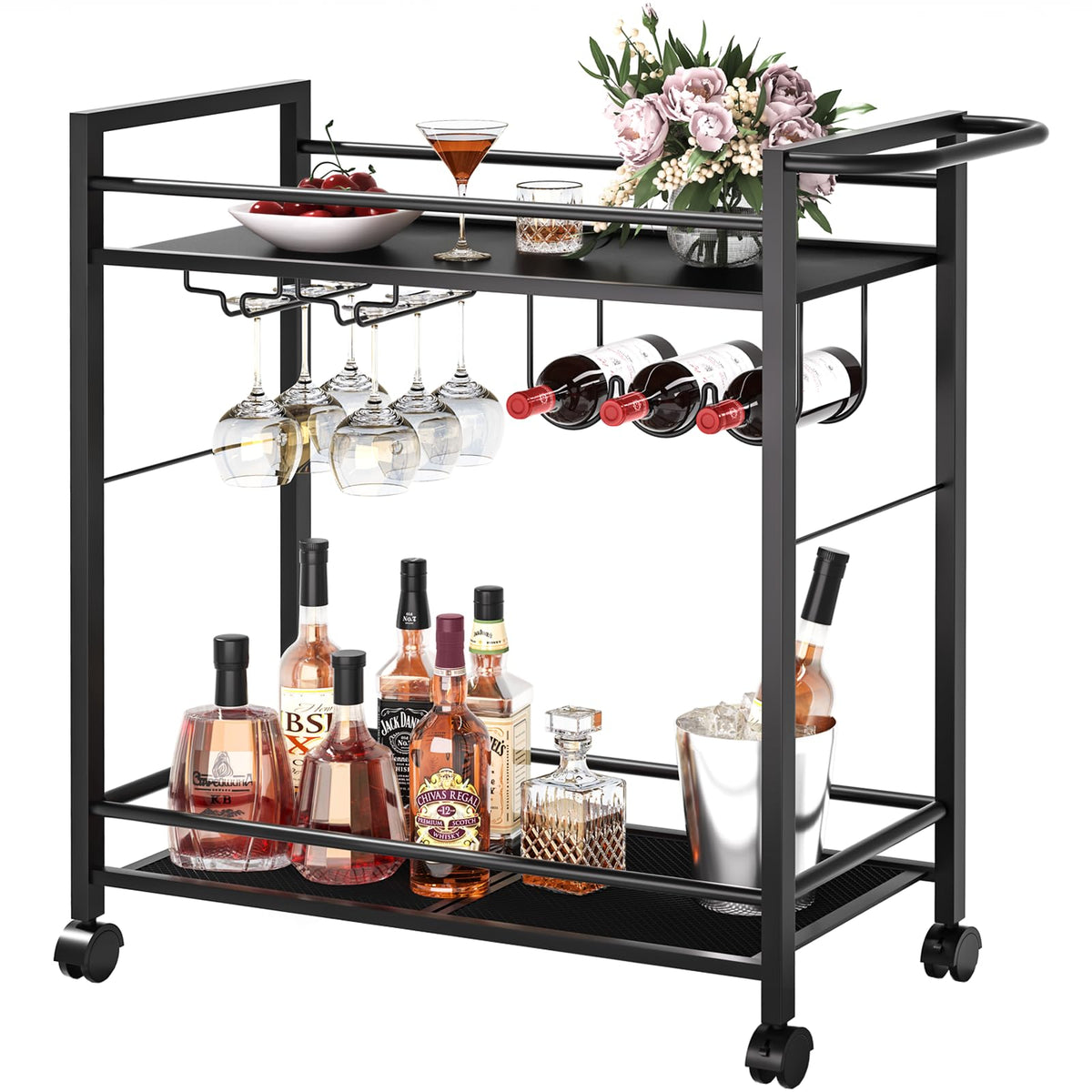Joaxswe bar cart in black with a modern design for stylish entertaining.
