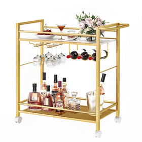 Joaxswe bar cart with gold rolling wheels enables easy entertaining anywhere.