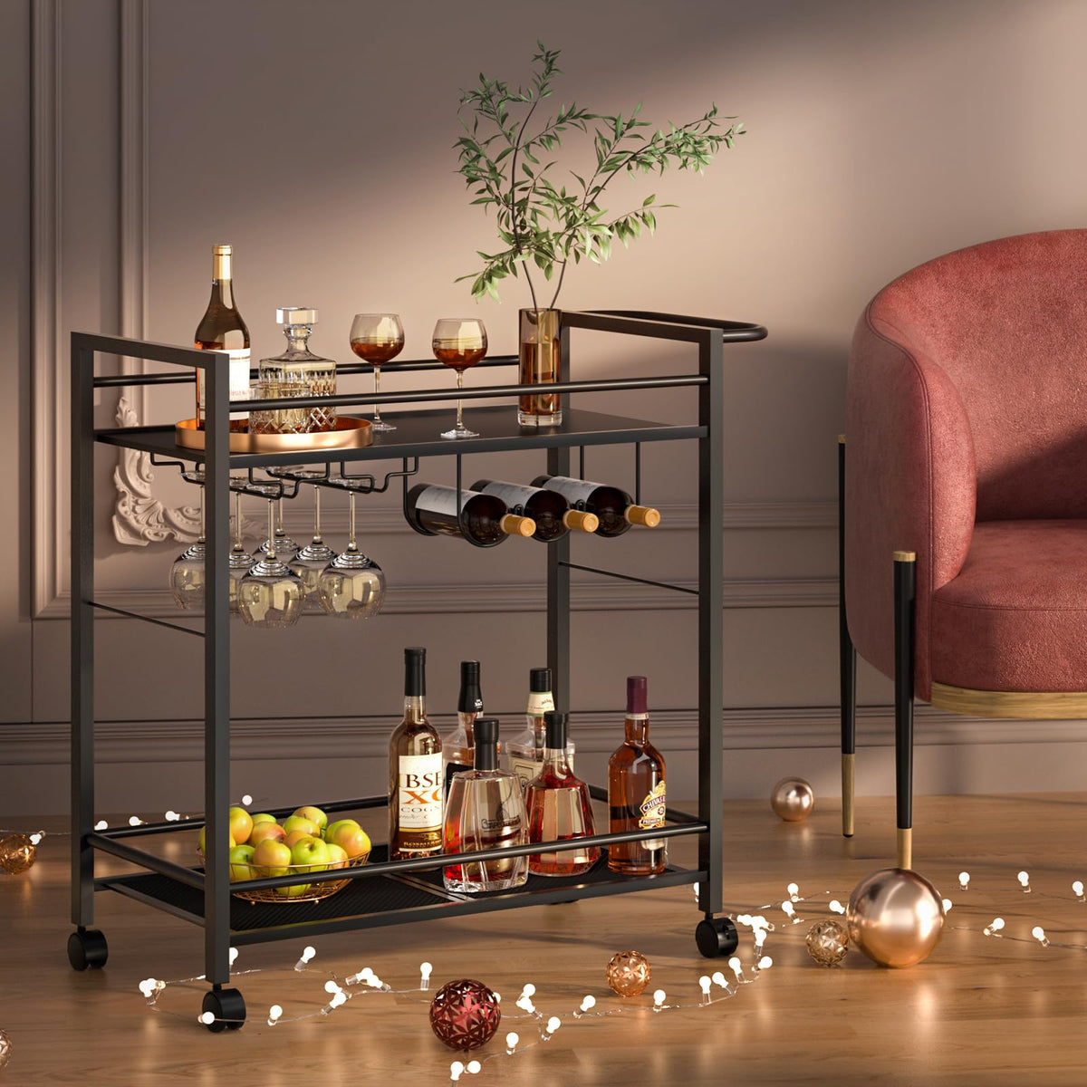 Protective fencing on Joaxswe bar cart keeps items secure during movement.