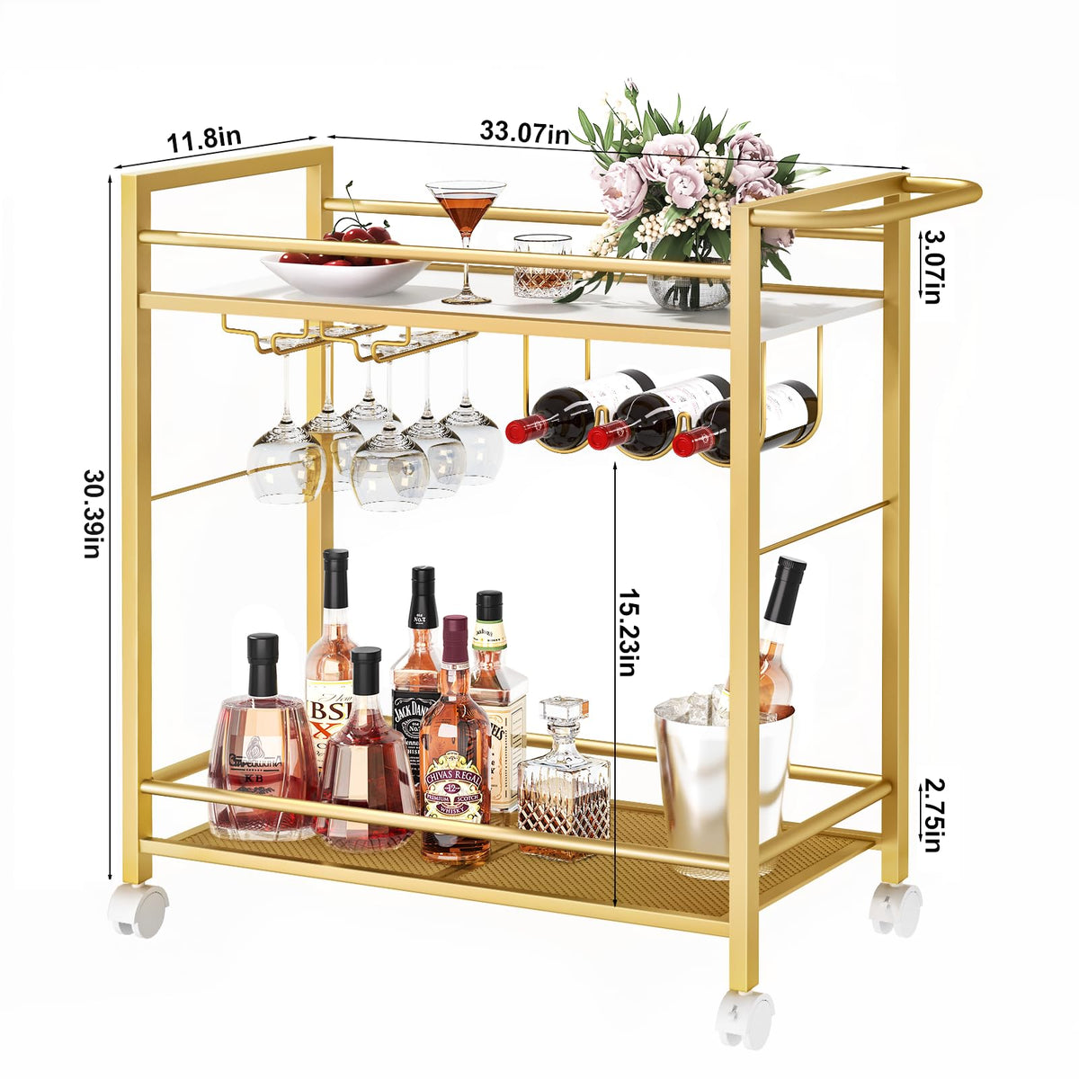 Joaxswe bar cart storage shelves highlight ample space for wine and glassware.