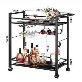 Joaxswe bar cart features a wine rack and glass holder to organize stemware.