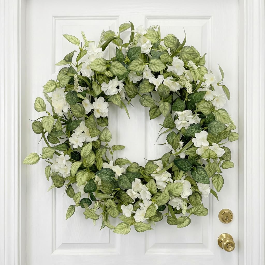 Jobflower fade resistant greenery wreath for sheltered outdoor spaces.