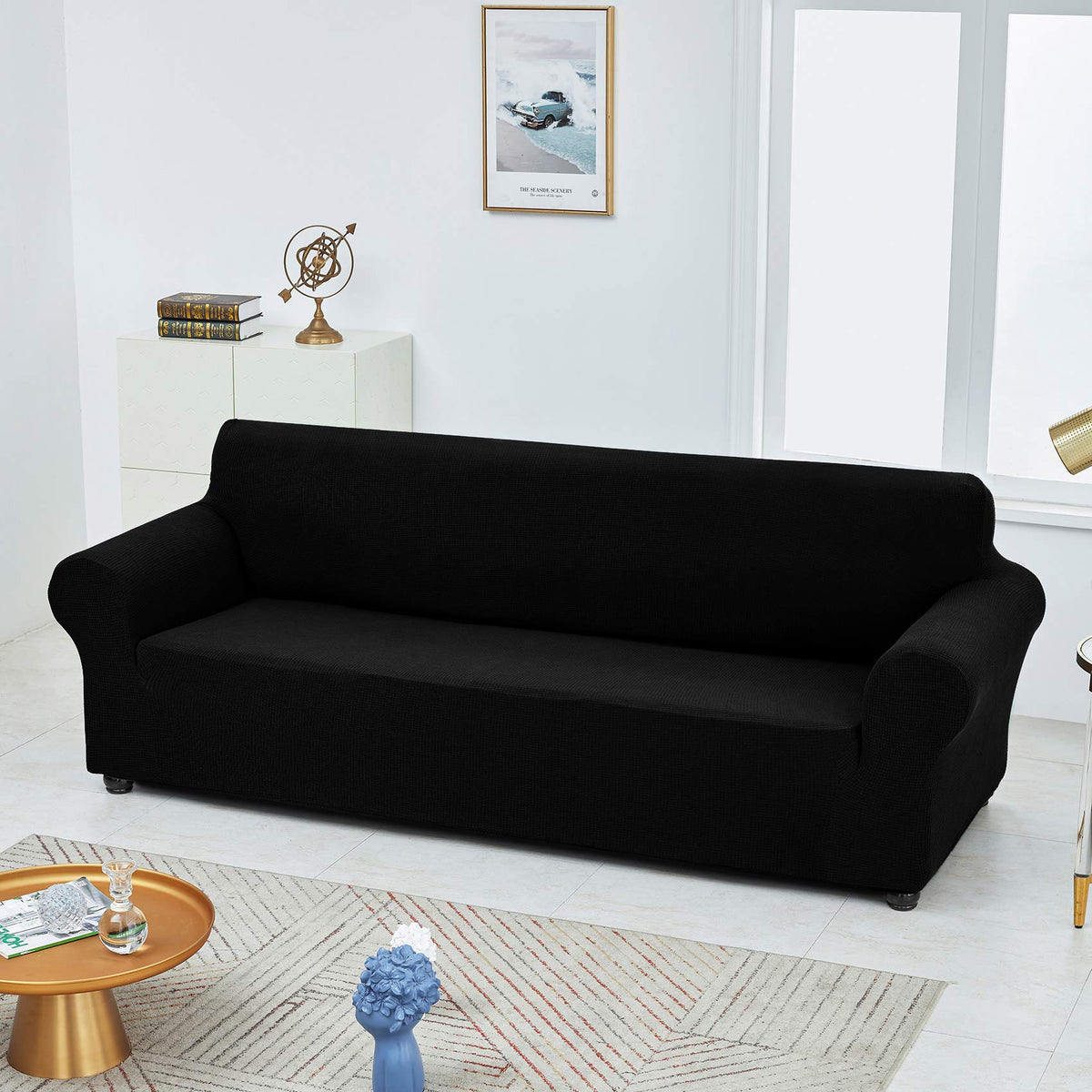 Joccun Stretch Loveseat Slipcover edge close-up with durable stitching on seams.