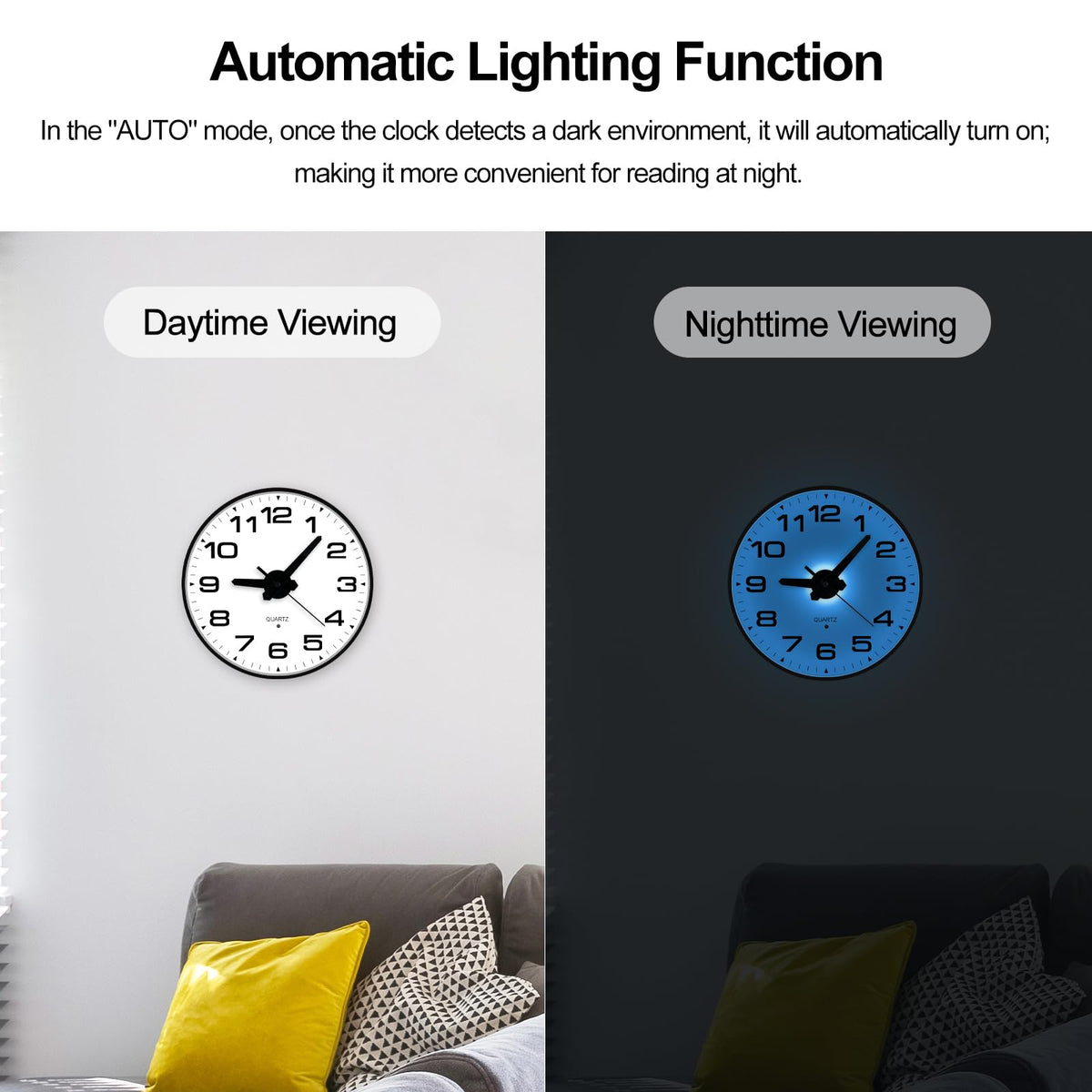 JoFomp wall clock brightness control buttons for customizable lighting.