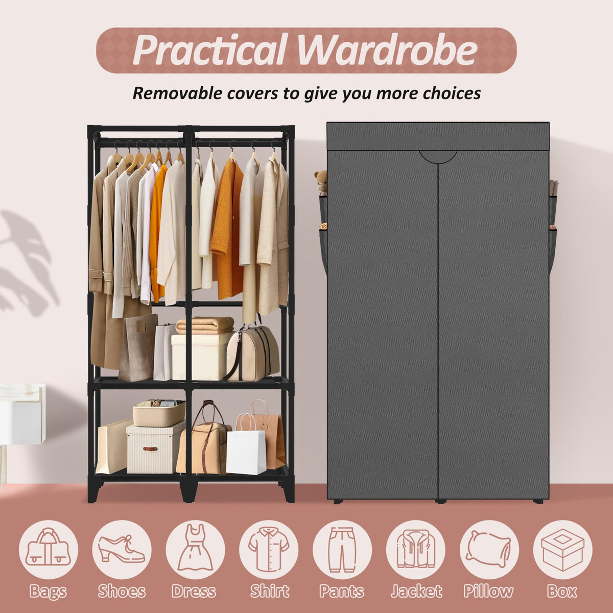 Jofuler Wardrobe dustproof cover keeps garments clean and private.