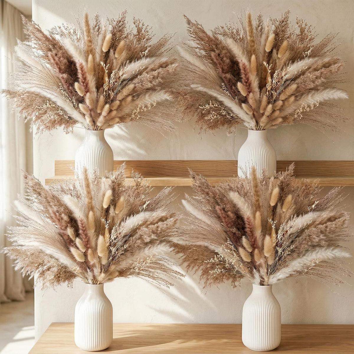 JOHOUSE 450PCS pampas in tall vase display for a warm modern living room.