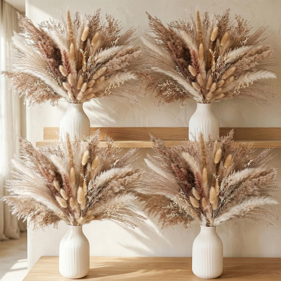 JOHOUSE 450PCS pampas in tall vase display for a warm modern living room.