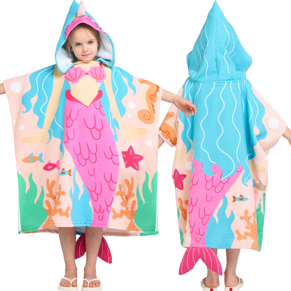 Joiedomi kids hooded mermaid towel on the beach for post-swim warmth