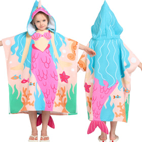 Joiedomi kids hooded mermaid towel on the beach for post-swim warmth