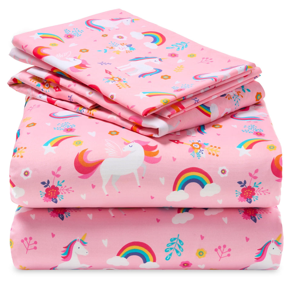 Joiedomi unicorn flat sheet close-up showing vibrant print for bedtime fun