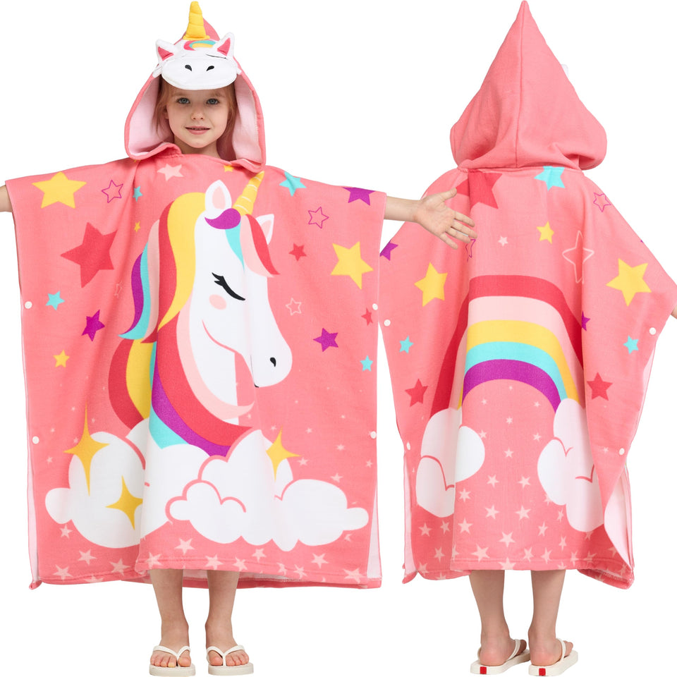 Joiedomi unicorn hooded towel on kid after swim, quick-dry warmth