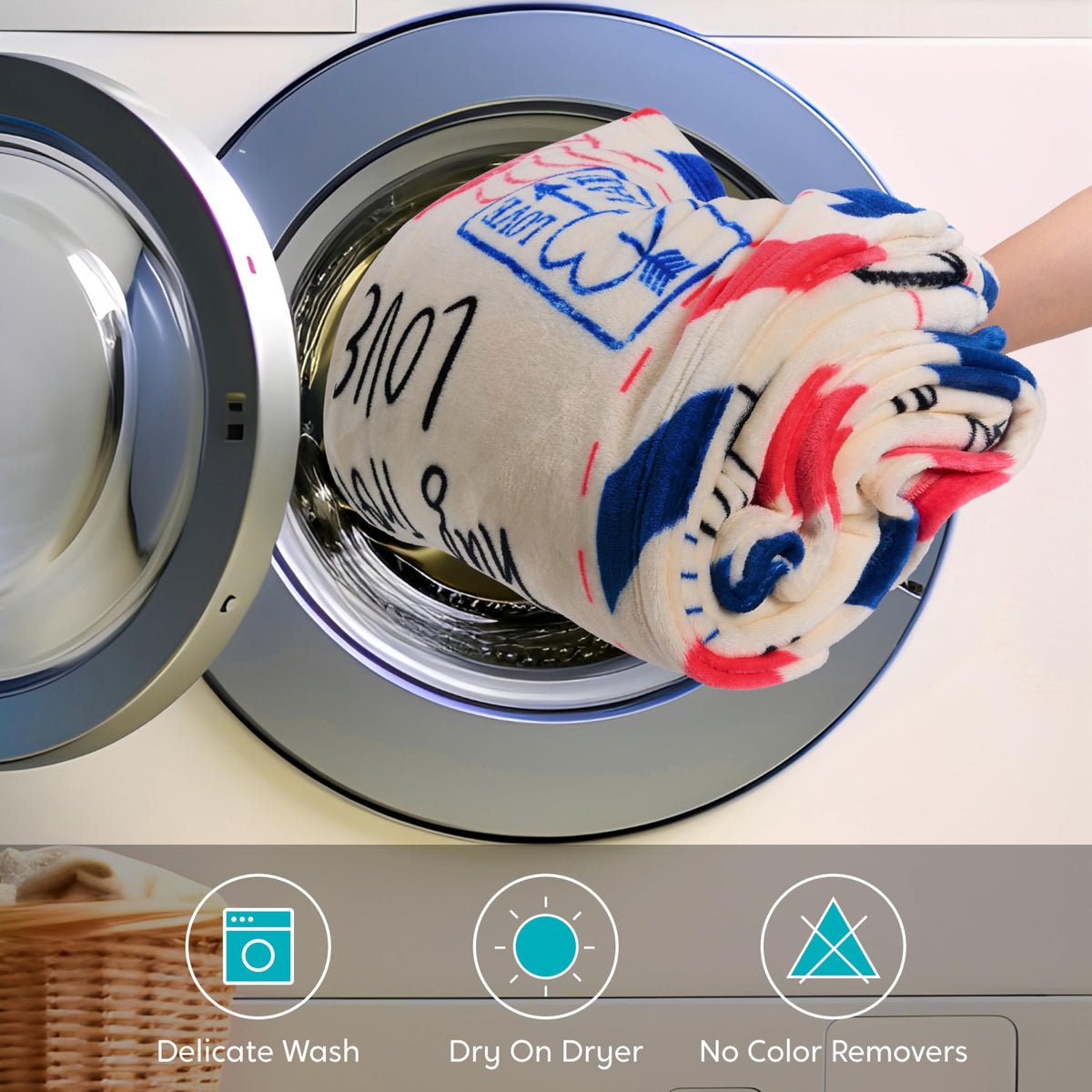 Joiedomi mom blanket care label highlighting machine washable design