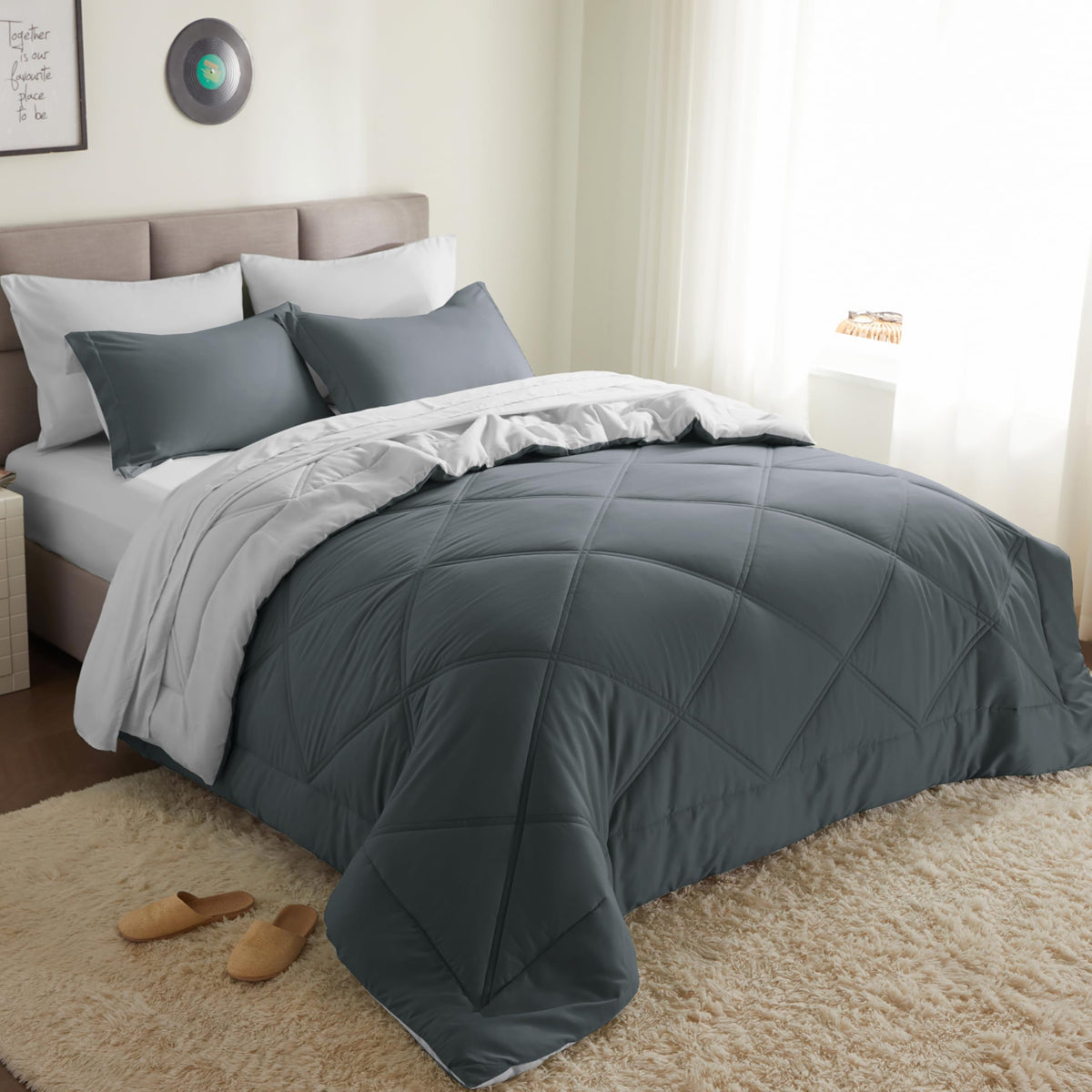 Joiedomi queen comforter set in dark grey, down-alternative fill for year-round coziness.