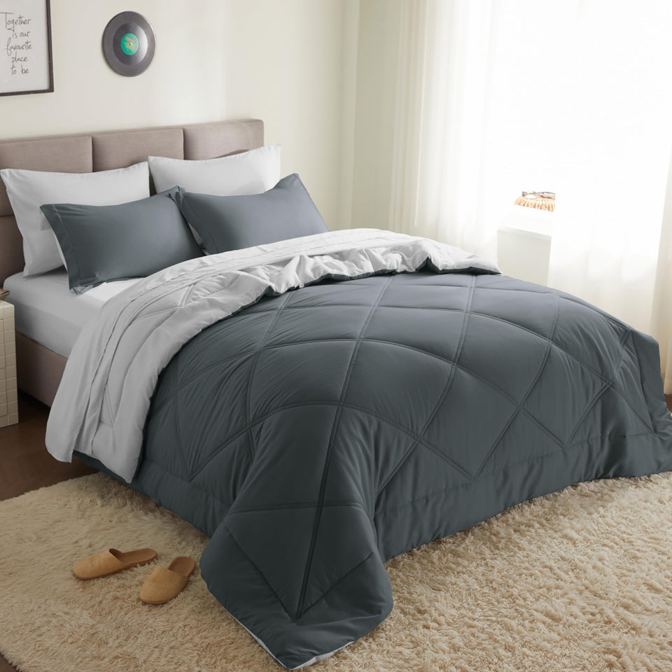 Joiedomi queen comforter set in dark grey, down-alternative fill for year-round coziness.