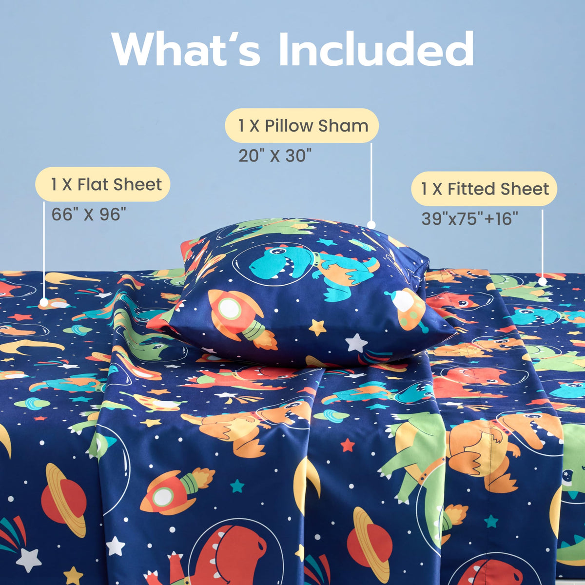 Joiedomi Space Dinosaur fitted sheet showing deep-pocket fit for twin beds