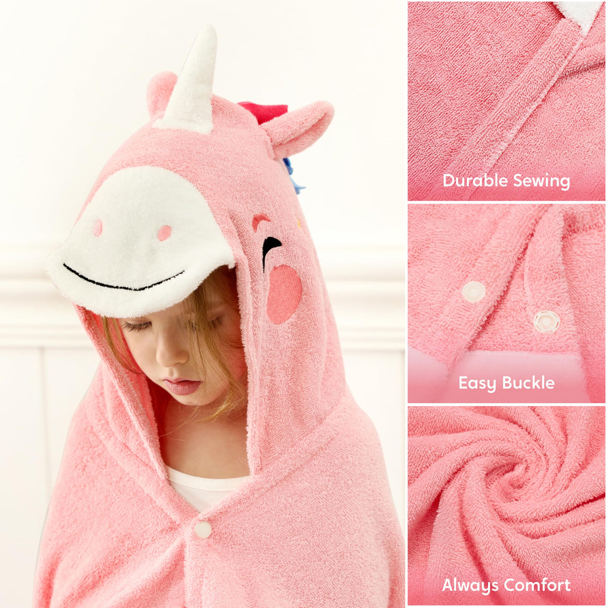 Joiedomi Unicorn Hooded Towel at the beach with sun protection.