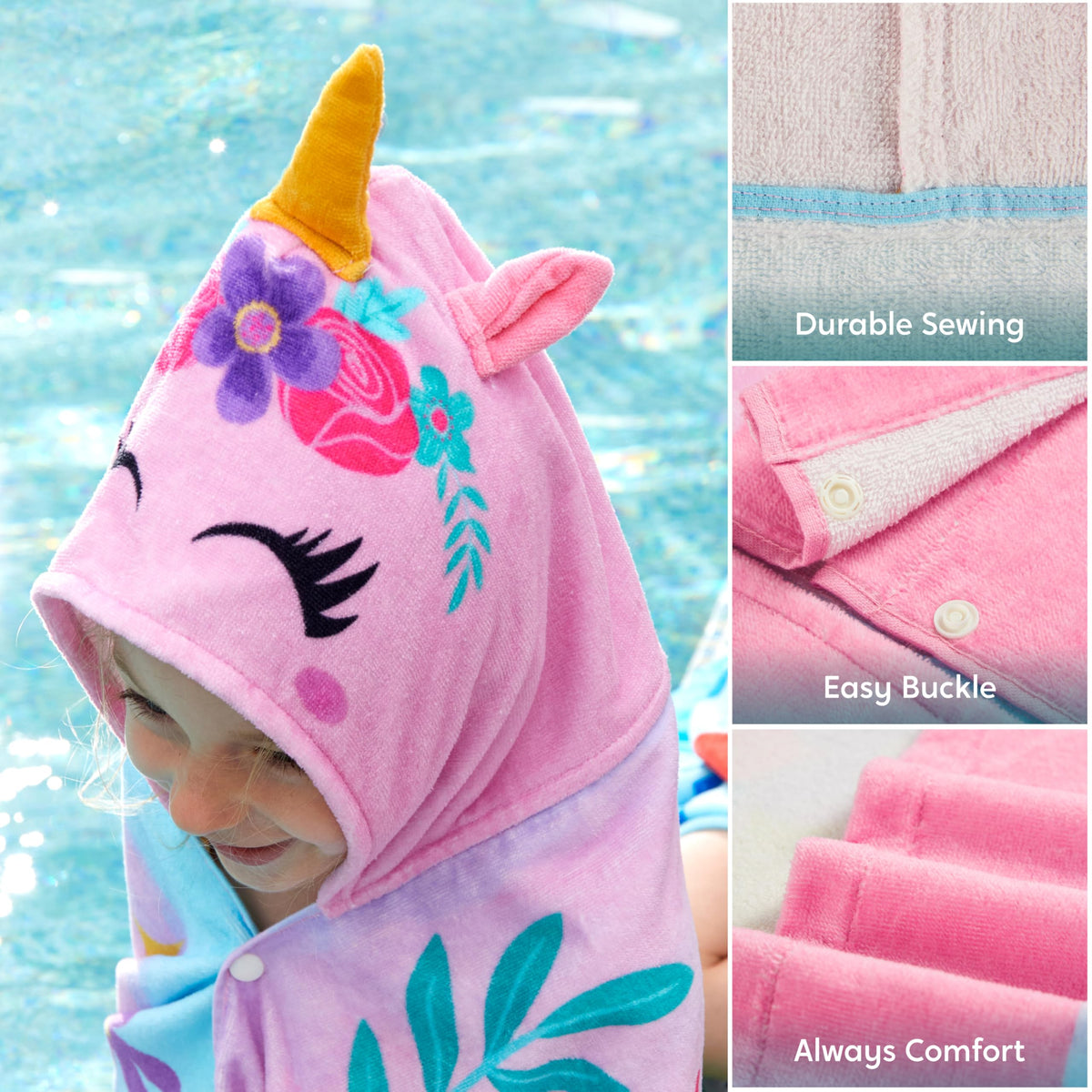 Joiedomi Unicorn Hooded Towel hood detail for quick changes