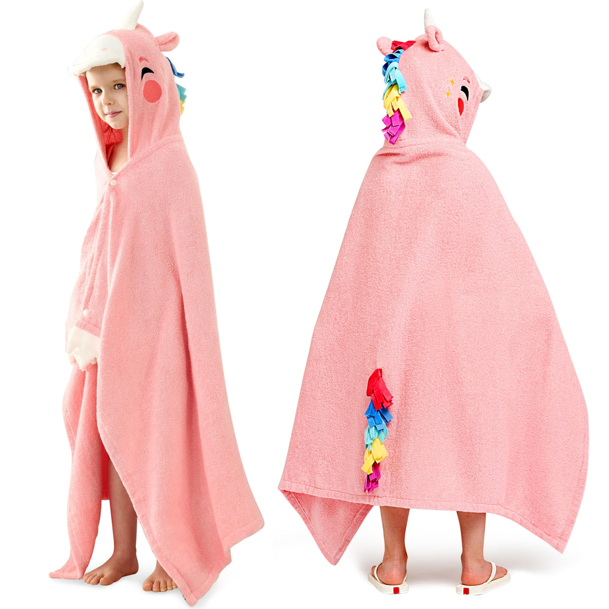 Joiedomi Unicorn Hooded Towel worn by child after bath, soft and absorbent.