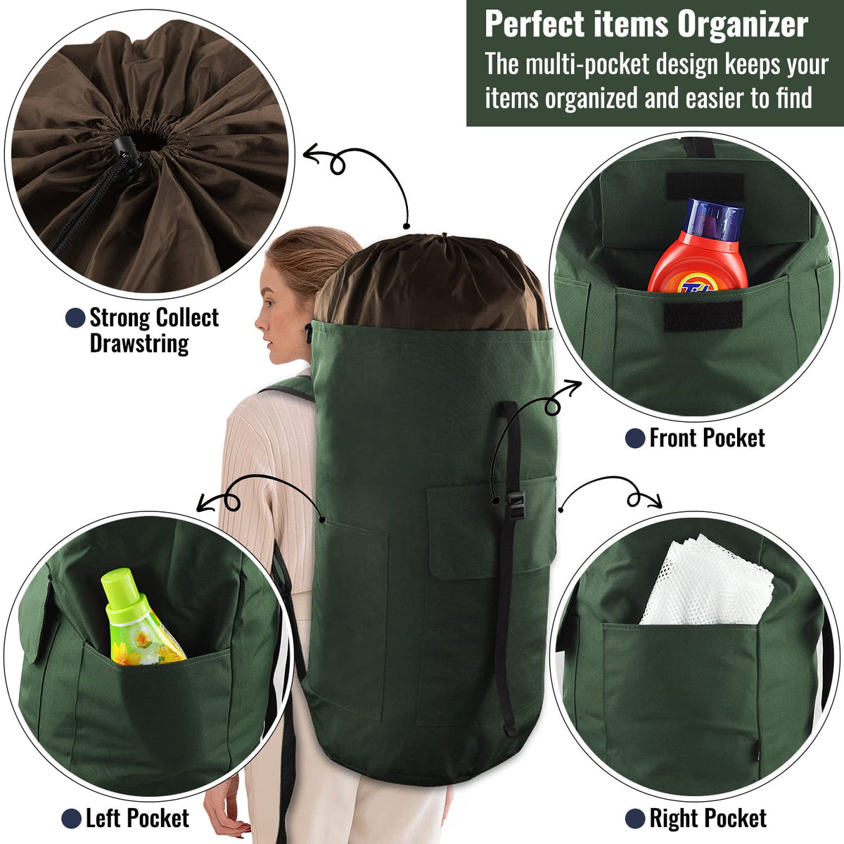 JOINPRO three outer pockets keep detergents and small items organized.
