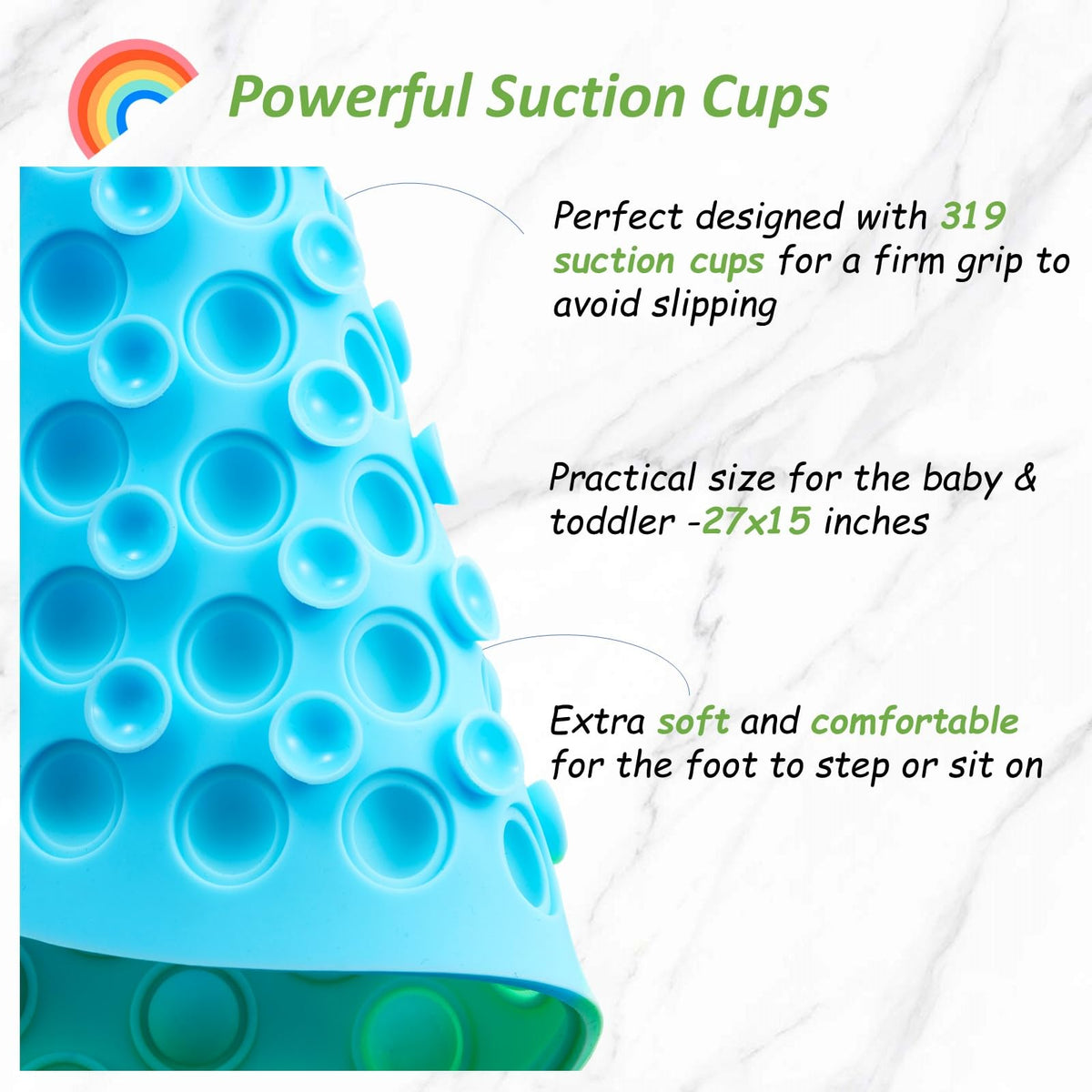 Joiyota bath mat uses suction cups to secure to tub walls.