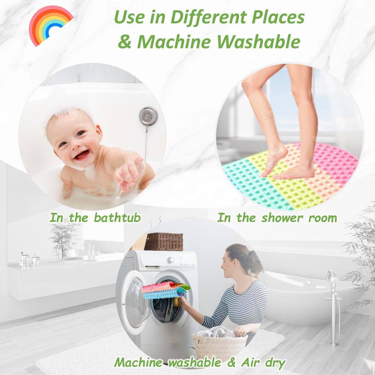 Joiyota easy clean bath mat stays vibrant after baths.