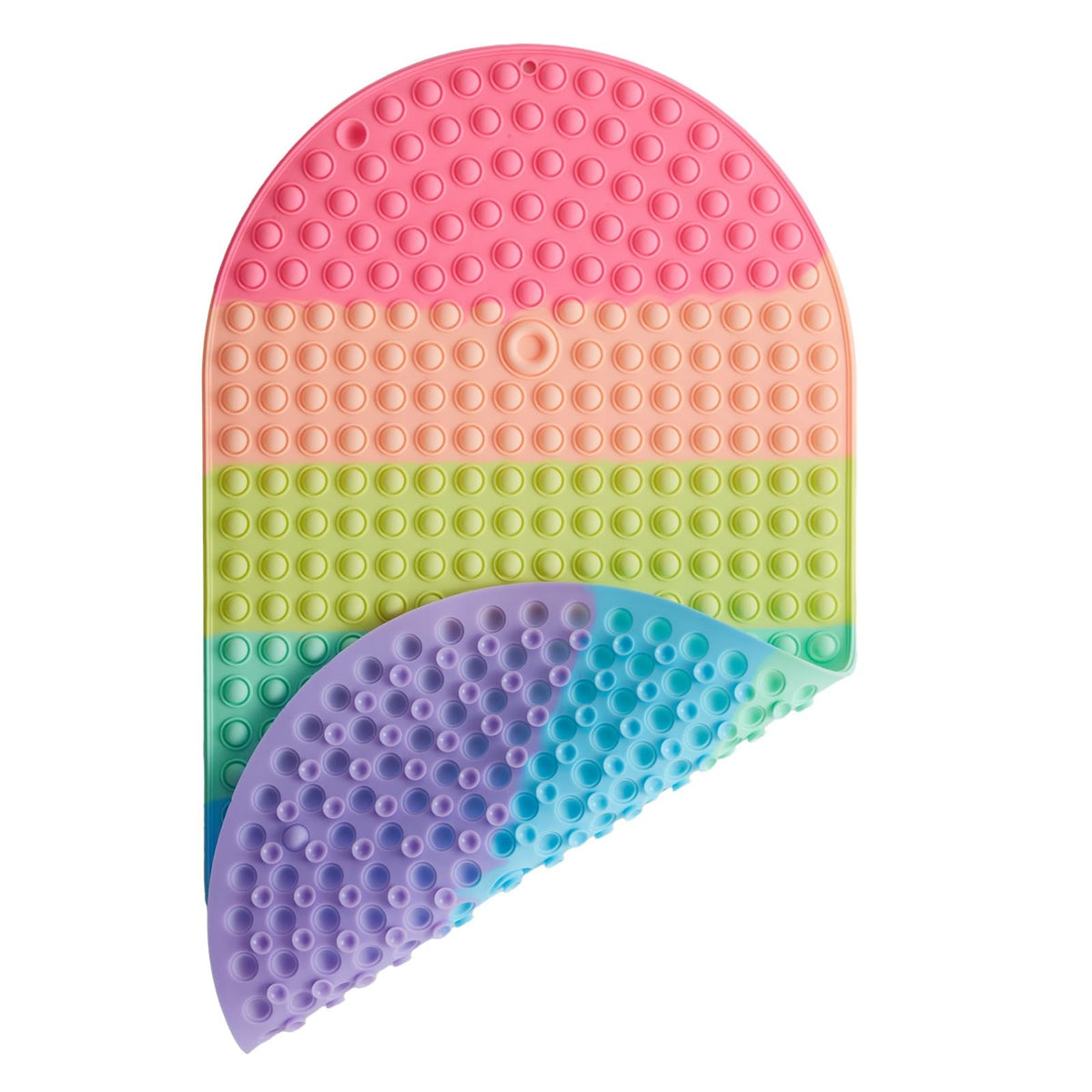 Joiyota rainbow bath mat with push pop bubbles for sensory play during bath time.